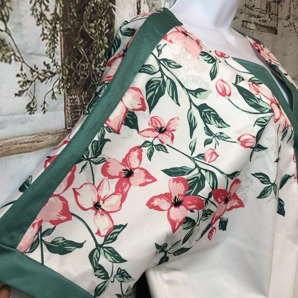 Floral Tunic Top Green White V-Neck Short Sleeve Blouse Boho Cottagecore XL - Picture 6 of 13